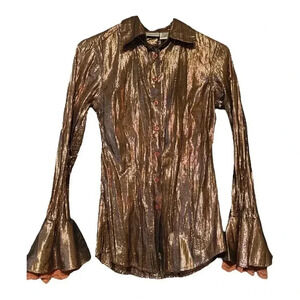 Metallic Bronze Button-Up Blouse with Lace Cuffs Size 2 Perfect for NYE